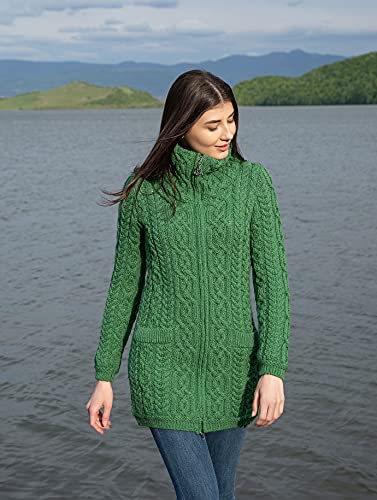 Saol Ladies Aran Zip Cardigan - 100% Merino Wool Irish Coat With Pockets And Raised Collar (Green, Small) #TOP3