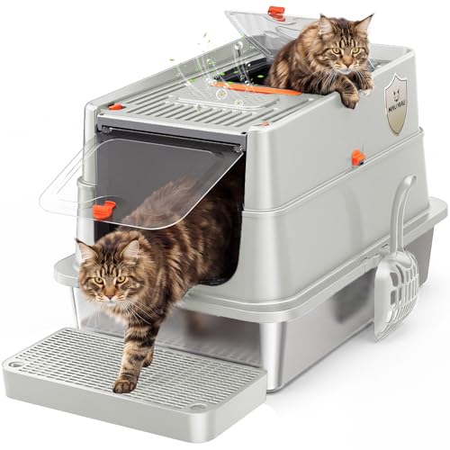 Extra Large Stainless Steel Cat Litter Box with Full Flip Top Lid High Sided Enclosed Metal Cat Litter Pan Front Entry Top Exit Odor Control Easy Clean Leak Proof Includes Scoop & Step Light Gray