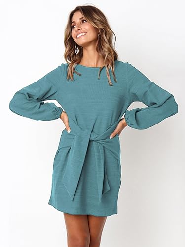 Image of PRETTYGARDEN Womens Spring Elegant Long Lantern Sleeve Short Dress Wedding Guest Crewneck Tie Waist Knit Cocktail Dresses