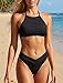 Women's High Waisted High Cut Cheeky Bikini Sets Halter 2 Piece Swimsuit High Neck Bathing Suit Ribbed Swimwear Black S