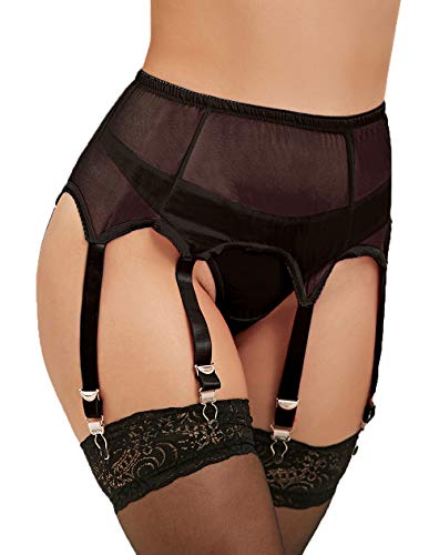 ohyeah Plus Size High Waist Garter Belt Set Lace Mesh Suspender Belt with 6 Vintage Metal Clip for Stockings