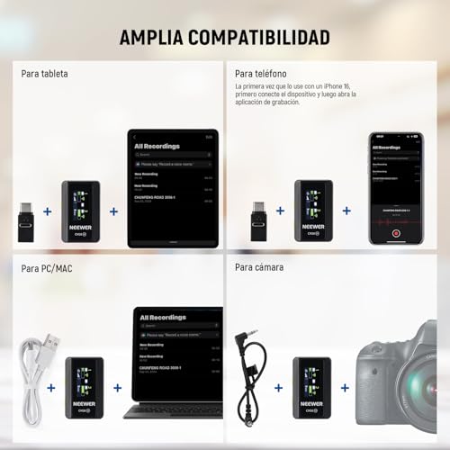 Miniatura 7 de Neewer Cm28 Sistema Micrófono Inalámbrico Lavalier Con Estuche, 2 Clips, Reducir Ruido Con 1 Clic, Almacenamiento 4gb, Reproducción 9h, Micrófono De Solapa Compatible Con Iphone Android Pc Cámara