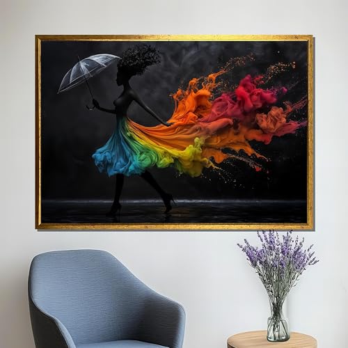 Décoration arc-en-ciel tableau femme noire robe abstraite colorée