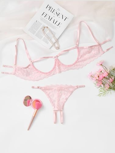 Image of Lilosy Sexy Underwire Floral Lace Sheer Lingerie Set for Women See Through Bra and Panty 2 Piece