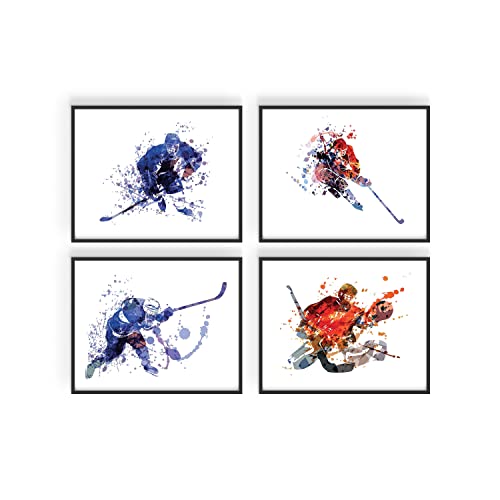 Hockey Wall Art Prints - Set of 4 (8x10) Unframed Hockey Posters - Hockey Room Decor For Men Kids Teenagers - Hockey Poster Set For Bedroom Man Cave - Ice Hockey Wall Decor - Hockey Posters for Wall, Hockey Watercolor