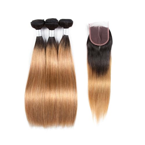 Larafona Hair 3 Bundles Ombre Human Hair Bundles Honey Blonde 1B/27# Silky Straight Brazilian Hair Weft 100g/Bundle, 100% Remy Hair Extensions with Lace Closure (10"12"14"+10"closure)