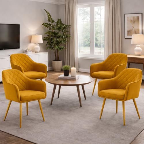 Image of Barfi Velvet Dining Chair | Set of 2 Premium Accent Chair with Armrest, Padded Seat and Metal Legs | Comfy Chair for Home, Office & Restaurents | (Mustard Set of 4)