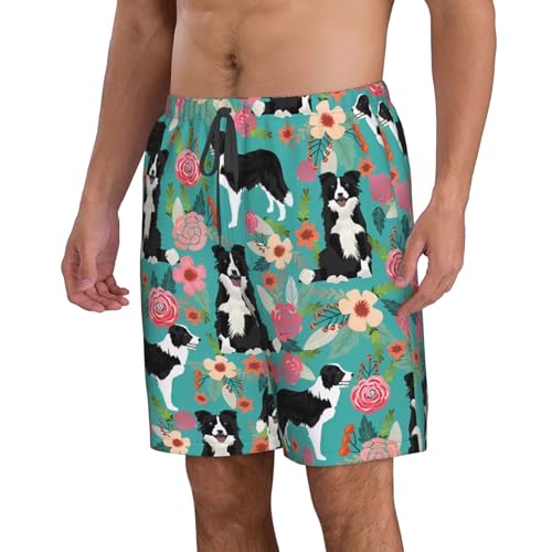 Border Collie Florals Men's Swim Trunks Quick Dry Board Shorts with Pockets Casual Drawstring Beach Shorts2