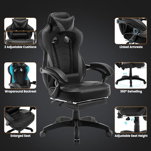 Sedia Gaming Ergonomica con Poggiapiedi, Livestreaming Girevole Poltrona Gamer con Poggiapiedi, Schienale & Sedile Grandi Comodo, Nero+Grigio - Sedia gaming - Immagine 3