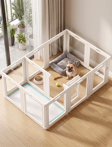 Image of DELOMO Clear Acrylic Indoor Dog Playpen, 24 inch H 12-Panel with 2 Doors, White