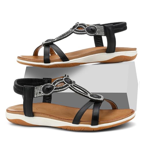 Image of UBFEN Flat Sandals For Women Dressy Arch Support Comfortable Casual Sandal With 2026 Rhinestone Braid Elastic Strap Summer Vacation