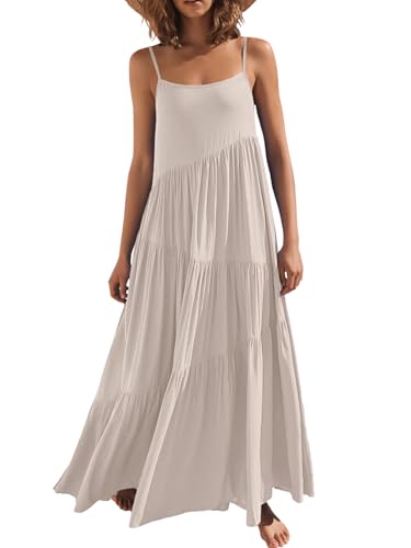 ANRABESS Women Summer Casual Loose Sleeveless Sundress Spaghetti Strap Flowy Boho Linen Beach Vacation Maxi Long Dress Beige Small