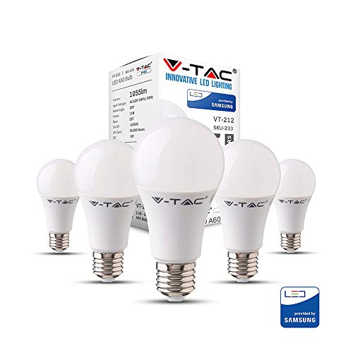 Ampoule LED thermoplastique classique A60 à économie d'énergie V-TAC 11W (75W) avec puce Samsung E27 ES (vis Edison) 6400 Kelvin blanc non dimmable paquet de 5