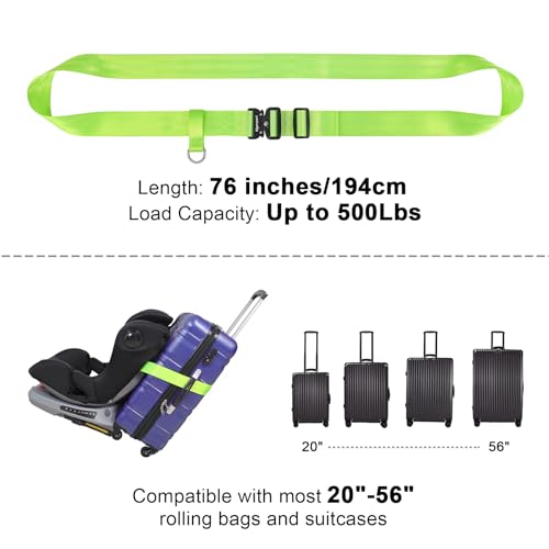 Image of Vigorport Travel Belt, Luggage Strap to Convert Carry-on Luggage into Airport Stroller Carrier, Metal Buckle (Green, 76 Inch/Metal Buckle)