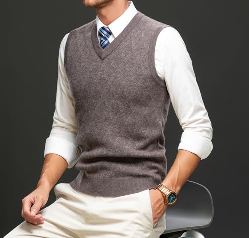 Men's Casual Argyle Sweater 100% Wool Vest V-Neck Sleeveless Pullover Knitwear Vests3