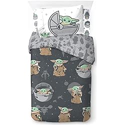 Edredon Individual Star Wars Star Wars Mandalorian Lindo Baby Yoda Juego de Ropa de Cama infantil 3 Piezas 100% Algodón Cama Individual - Incluye Funda Edredon 135x200cm + Sabana Bajera 90x200cm + Funda de Almohada 50x70cm