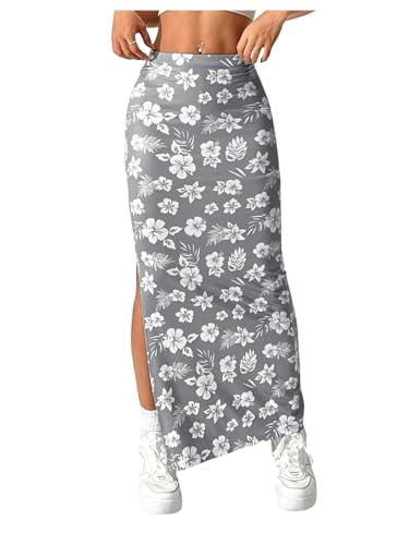 OYOANGLE Women's Floral Print Split Side Skirt Elastic Waist Beach Casual Long Skirts