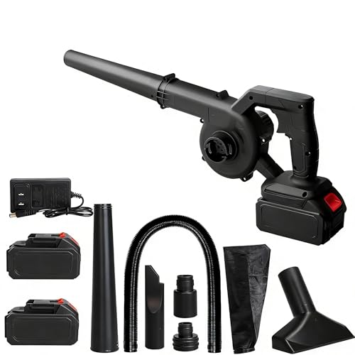 21V Souffleur de Feuilles sans Fil et Deux Batteries de 12 000 mAh, 2 en 1 Souffleur d'air électrique Portable Aspirateurs avec Quatre Buses, Un Tube d'extension et Une buse d'aspiration Plate