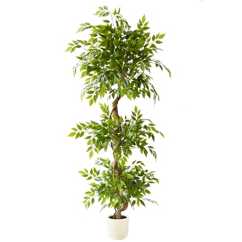 Image of 6ft Artificial Ficus Tree Fake Plant with White Planter
