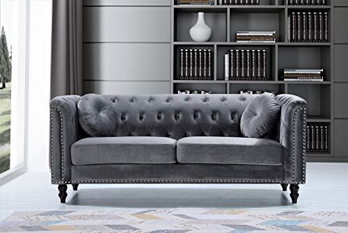 US Pride Furniture Modern Style High Density Foam Cool Grey Velvet Rolled Arm Chesterfield Living Room Sofa with Removable Cushion & Solid Wood Legs (S5608-5613)
