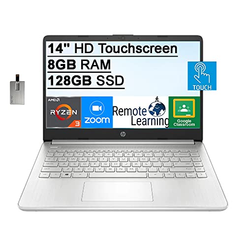 HP 2022 14" HD Touchscreen Laptop Computer, AMD Ryzen 3-3250U Processor, 8GB RAM, 128GB SSD, HD Audio, 720p HD Webcam, AMD Radeon Graphics, Bluetooth, HDMI, Windows 11, Silver, 32GB SnowBell USB Card