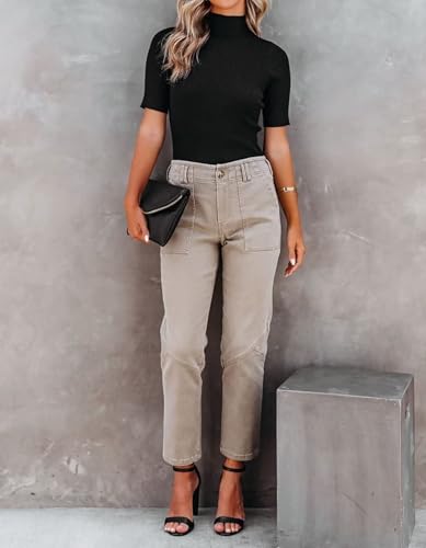 Image of Lacozy Women Casual Short Sleeve Shirt Basic Mock Neck Top Slim Fit Ribbed Knit Pullover Sweater