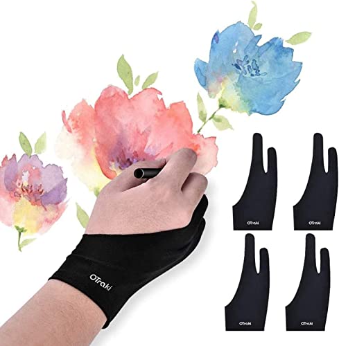 OTraki Drawing Glove 4 Pack Artist Gloves Digital Art Free Size with Two Fingers Tablet Right Hand for Graphics Pad Painting Good for Right or Left Hand - 2.95 x 7.87 inch
