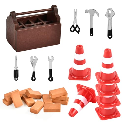 25 Stück Wichtel Baustelle Set Miniatur Werkzeugkasten Set Holz Werkzeugkiste Straßensperre Simulation Ziegel für Puppenhaus Zubehör Weihnachten (Schwarz)