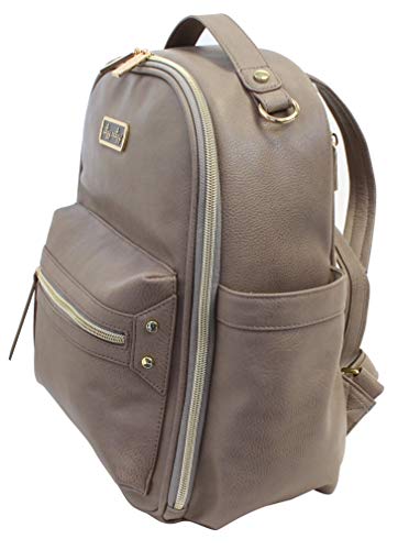 Itzy-Ritzy-Mini-Diaper-Bag-Backpack--Chic-Mini-Diaper-Bag-Backpack-with-Vegan-Leather-Changing-Pad-8-Total-Pockets-4-Internal-and-4-External-Grab-Top-Handle-and-Rubber-Feet-Taupe