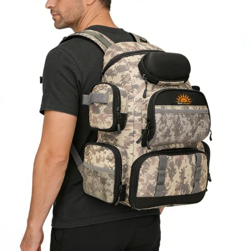 Mochila 55L de Pesca e Camping, Grande Capacidade, Resistente para Trilha ao Ar Livre (Camuflagem)