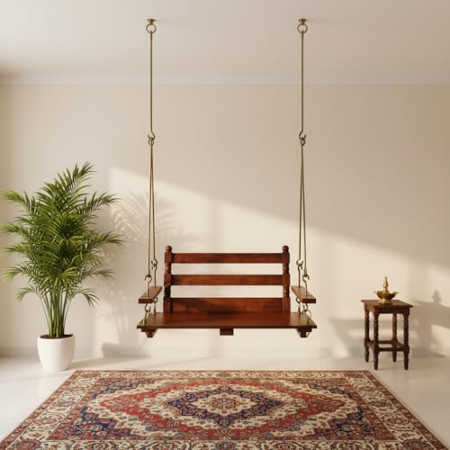 Image of APRODZ Swing for Home Solid Sheesham Wooden Jhula for Adult for Home | Traditional Wooden Swing for Balcony | Hanging Swings with Brass Coated Chain | Patio Double Seater Indoor /Outdoor, Honey