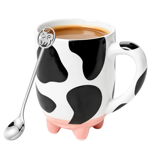 Demlaka Taza de café de vaca de 550 ml: taza de cerámica con cuchara de acero inoxidable, taza con impresión de vaca taza de café de cerámica para el hogar y la oficina, mujeres niñas mamá novia Demlaka Taza de café de vaca de 550 ml: taza de cerámica con cuchara de acero inoxidable, taza con impresión de vaca taza de café de cerámica para el hogar y la oficina, mujeres niñas mamá novia