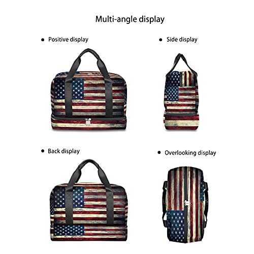 American Flag Sports Gym Bag with Shoes Compartment,Vintage USA Flag 4Th Of July Travel Duffel Bag for Men Women Boys Girls Teens Overnight Weekend Yoga Workout Bag Training Handbag3