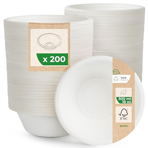 Love Nature Suppenschalen Einweg 500ml aus Zuckerrohr - 200 Stück Ökologische Suppenteller Einweg - Kompostierbar Einwegschalen für Party und Picknick