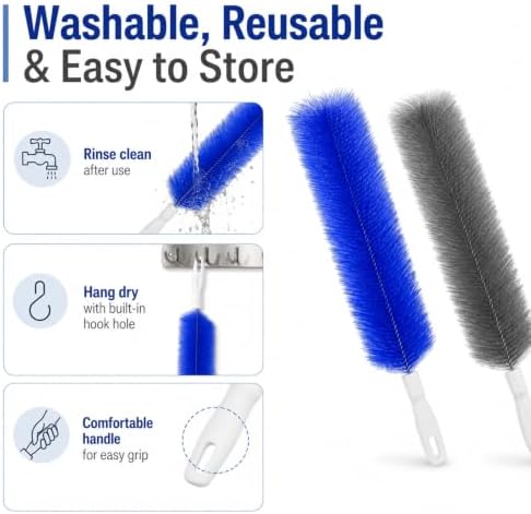 Cartorya Cleaning Brush, Bendable Microfiber Fan Duster for Ceiling Fan Blades, Air Vents, Window Ac, Curtains and Car Interior, Reusable Tool,One Blue and one Gray - 5