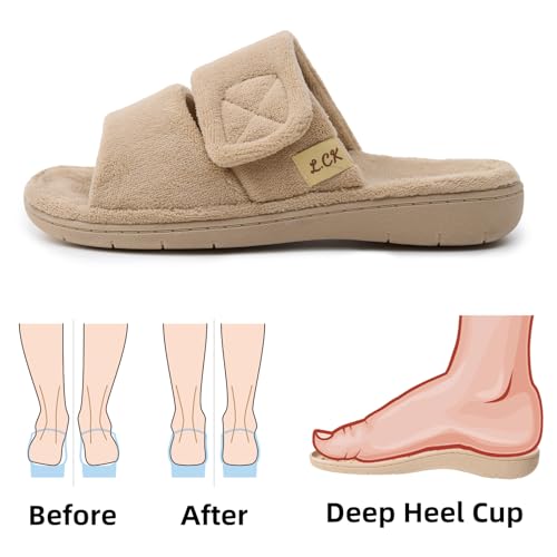Women's Fuzzy Adjustable Arch Support Slippers Open Toe House Shoes for Orthopedic Plantar Furry House Slide Slippers All Season Beige Black Color US6-US114