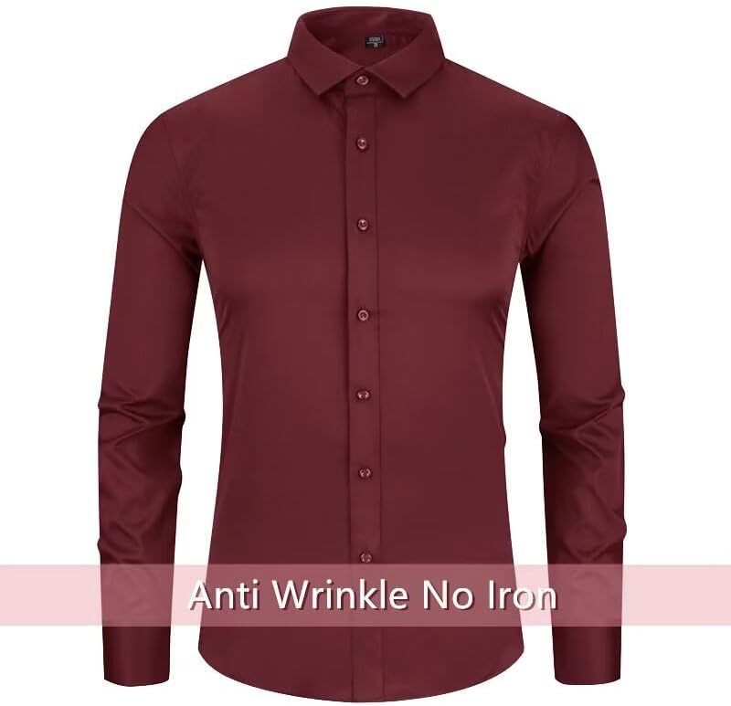 Miniatura 3 de Wangyue Camisas de vestir de manga larga para hombre, camisas casuales con botones y ajuste entallado, camisas de vestir formales con bolsillos