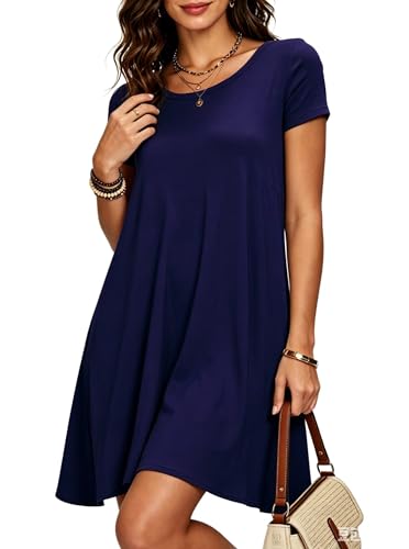 Image of Afibi Womens Short Sleeve Loose Pockets Dress Casual Swing T-Shirt Dresses