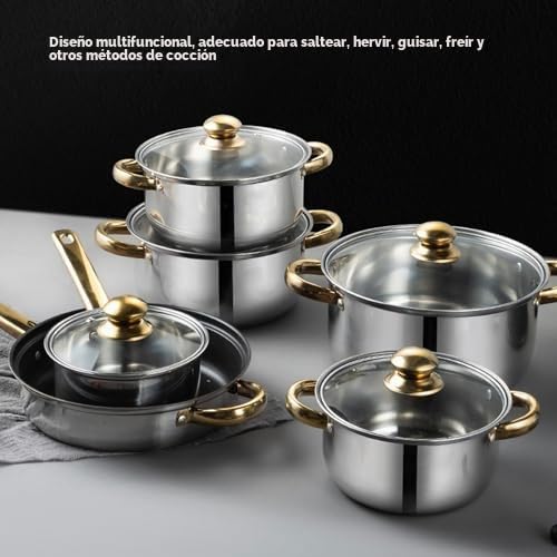 Juego de Ollas y Sartenes de Acero Inoxidable de 12 Piezas, Juego de Utensilios de Cocina Profesionales conDorado, Sartén Resistente Al Calor Fácil de Limpiar para Todas Las