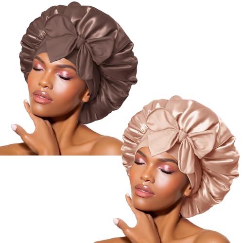 Image of BONNET QUEEN Silk Bonnet for Sleeping Satin Bonnet Hair Wrap with Tie Band Sleep Cap for Women Curly Hair 2PcsBrown Champagne