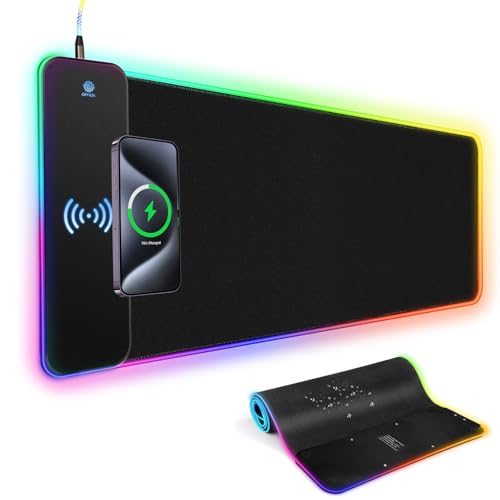 RGB Gaming Mouse Pad Wireless Charging 15W with LED Cable, XXL Large Mousepad 800x300x4mm with 13 Light Modes Non-Slip Rubber Base, Waterproof Computer Mat for Home Office Gaming Keyboard Desk Decor -  AIBICIDI