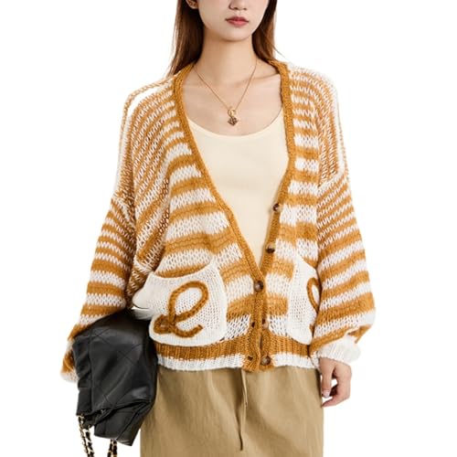 Women's Lightweight Cardigan Sweater Crochet Long Sleeve Button Stripe Color Block Outerwear2