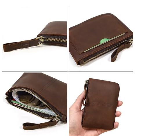 Image of Genuine Leather Coin Purse Pouch for Women Men Vintage Cowhide Grain Leather Slim Mini Wallet Metal Zipper with Real Leather handle, #02 Dark Blue, 1-Pack, Retro Vintage