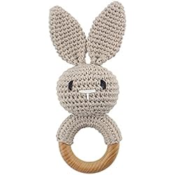 Mordedor Madera Crochet LICHENGTAI Sonajero de Tela, Juguete Mordedor Hecho a Mano con Forma de Conejo, Anillo De Mordedor para Animales De Ganchillo, Sonajero de Madera, Regalo para Nacimiento, Niña Y Niño