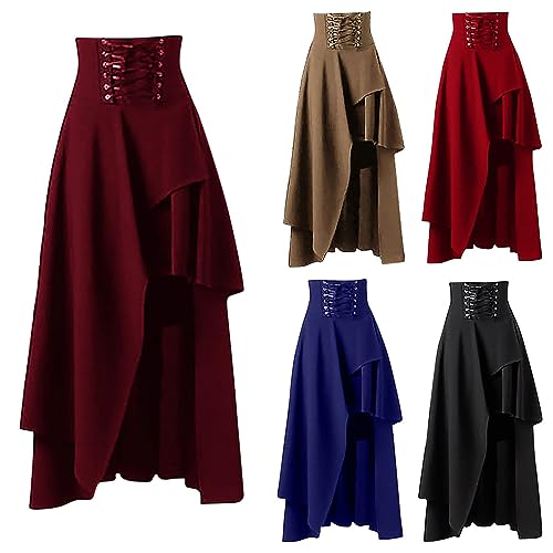 Ren Faire Skirt for Women Medieval Renaissance Gothic Skirts Elastic High Waist High Low Asymmetrical Tiered Skirt3