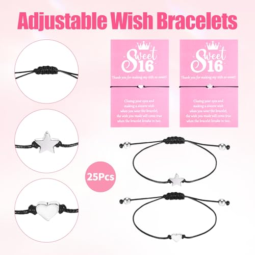 25 Sets Sweet 16 Party Favors for Guests, 25 Pcs Adjustable Star Heart Charm Wish Bracelets with Thank You Cards Organza Bags, Sweet 16 Gifts for Birthday Party Supplies Decor2