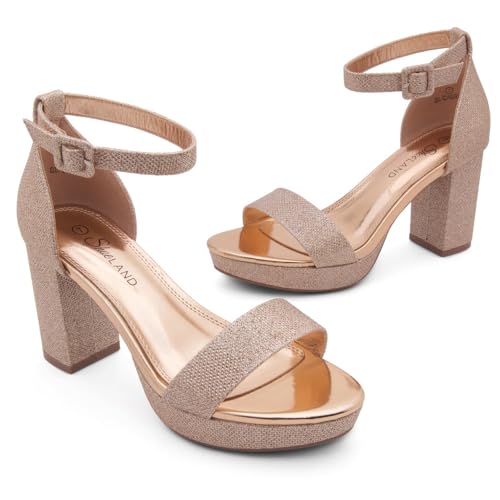 Image of Shoe Land Platform Heels for Women | 3.75 Inch Chunky Block Heeled Sandals with Ankle Strap | Open Toe Strappy High Heels for Wedding, Party & Formal Events