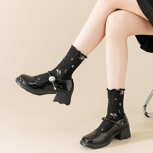 Image of Womens Ruffle Crew Socks Vintage Patterned Ankle Casual Fashion Dress Sock Cute Lettuce Floral Socks 5 /6 Pack