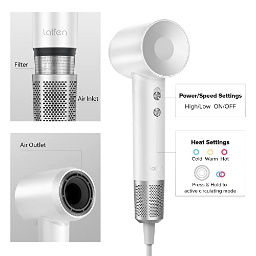 Laifen Hair Dryer, Negative Ionic Blow Dryer With 110, 000 Rpm Brushless Motor For Fast Drying, High-Speed Low Noise Thermo-Control Hairdryer With Magnetic Nozzle, For Home, Travel(Pearl White) #TOP2