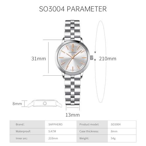 Image of Sapphero Ladies Watch Easy to Read Wristwatch, Women's Quartz Watch with Stainless Steel Strap, 5 ATM Waterproof, Classic Elegance Women Business Waterproof Watch